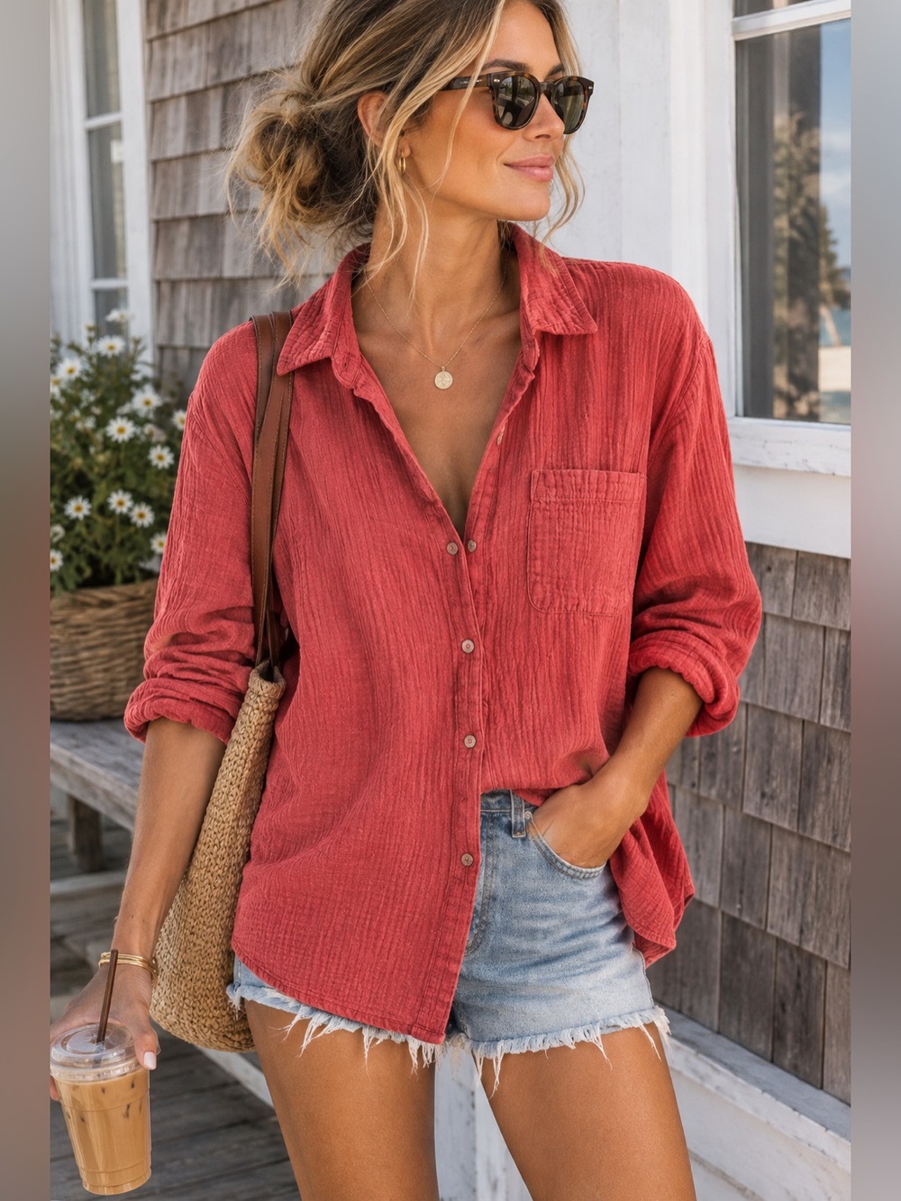 Jessica Simpson Coral Button-Down Gauze Shirt. 100% Cotton!!